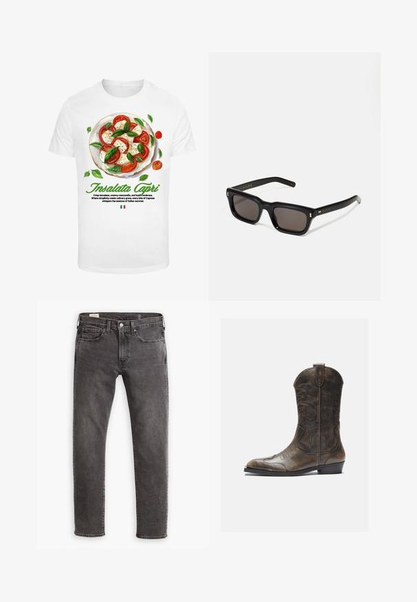 Valkoinen t-paita, jossa on graafinen kuva Caprese-salaatista, jossa on punaisia tomaatteja, valkoista mozzarella-juustoa ja vihreitä basilikanlehtiä. Teksti alla kuvaa annosta.; Harmaat farkut suoran leikkauksen, viiden taskun muotoilun sekä nappisuljemekanismin kanssa. Ominaisuutena hienovarainen haalistuminen ja sävyttävä ommel koko ajan.; Ruskea nahkainen cowboy-saapas, jossa on korkea varsi, terävä kärki, monimutkaiset ompelukuvioinnit ja pieni korko. Pintakuviointi kauttaaltaan.; Mustat suorakulmaiset aurinkolasit tummilla linsseillä, paksu muovikehys, kultaiset korostukset temppeleissä ja brändin logo kaiverrettuna varteen.