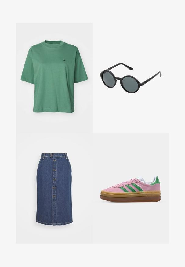 Carhartt WIP CHESTER - Basic T-shirt - duck green; Denim pencil skirt in dark blue, featuring a front button closure, vertical seam detailing, and a classic hemline.; Pink suede sneakers with green stripes, white accents, and a brown rubber sole. Features textured fabric and logo detailing on the side.; Round sunglasses with a black plastic frame and dark gray lenses. Features thin, straight arms with minimalist accents.