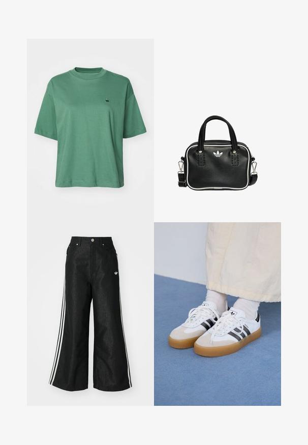 Carhartt WIP CHESTER - T-shirt basic - duck green; Zwarte denim broek met wijde pijpen, voorzien van drie witte strepen aan elke zijkant en een klein wit logo. Heeft voorzakken en een knoopsluiting.; Witte sneakers met zwarte strepen en beige suède accenten. Voorzien van een gestructureerde gumzool en platte witte veters, gedragen met lichtgekleurde sokken.; Zwarte leren handtas met twee korte handvatten, zilverkleurige hardware, witte accenten en een wit logo. Heeft een gestructureerd oppervlak en een compact ontwerp.