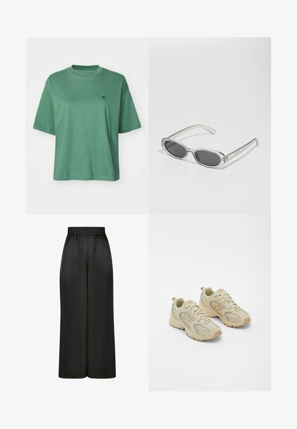 Carhartt WIP CHESTER - Pamata T-krekls - duck green; Melni plaši bikses, izgatavotas no gludas, spīdīgas auduma, ar elastīgu jostu un bez redzamām kabatām vai aparatūras detaļām.; Beige sporta apavi ar sietu augšu, teksturētām akcentiem un gumijas zoli. Iezīmējas ar izteiksmīgu logo sānos un auklām.; Saulesbrilles ar ovālu formu, caurspīdīgu plastmasas rāmi, tumši pelēkiem stikliem un plāniem caurspīdīgiem kātiem, kas satur logotipa akcentus un minimālu noformējumu.
