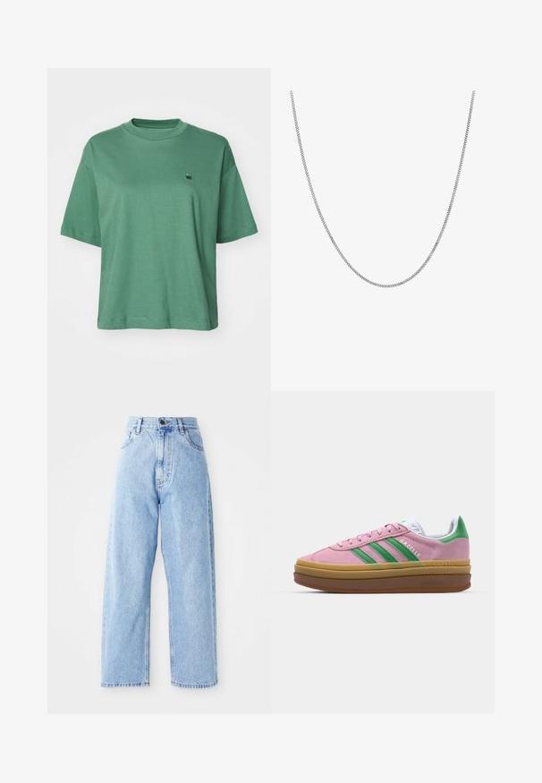 Carhartt WIP CHESTER - Basic T-shirt - duck green; High-waisted light blue denim jeans with straight wide legs, front button, zipper closure, and front and back pockets.; Pink suede sneakers with green stripes, white accents, and a brown rubber sole. Features textured fabric and logo detailing on the side.; Silver chain necklace with a smooth, round flat link design. Features a shiny finish and measures approximately 20 inches in length.