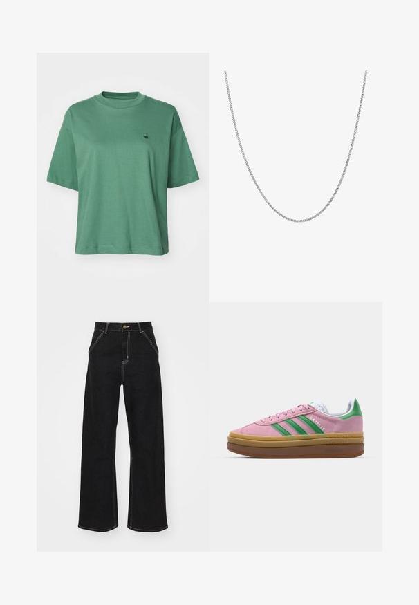 Carhartt WIP CHESTER - T-shirts - duck green; Svarte vide jeans laget av denim, med kontrasterende hvite sømmer og en frontknapplukking, samt to skrå frontlommer.; Rosa semskede sneakers med grønne striper, hvite detaljer og en brun gummisåle. Har teksturert stoff og logodetaljer på siden.; Sølvkjede med en jevn, rund flat lenkedesign. Har en blank overflate og måler omtrent 50 cm i lengde.