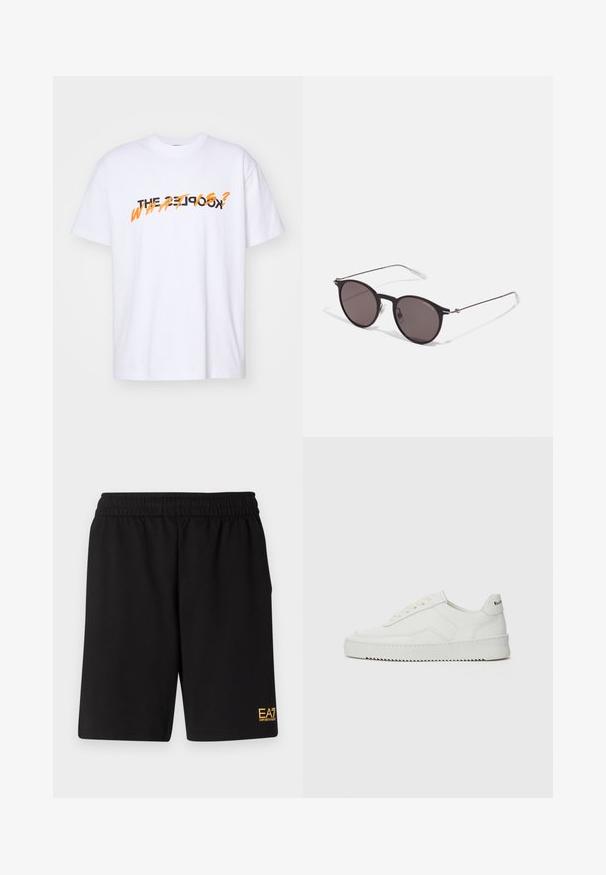 White cotton t-shirt with short sleeves featuring the text "THE KOOKS? WHAT IS?" in bold black and orange lettering. Simple design.; Black athletic shorts made of soft fabric,Featuring an elastic waistband and a small yellow EA7 logo on the lower left leg.; White leather sneaker with a smooth finish, round toe, flat laces, and a textured sole. Features a subtle logo on the heel.; Black round sunglasses with dark lenses and slim metal arms. Includes clear temple tips and silver accents at the hinge. Minimalist design.