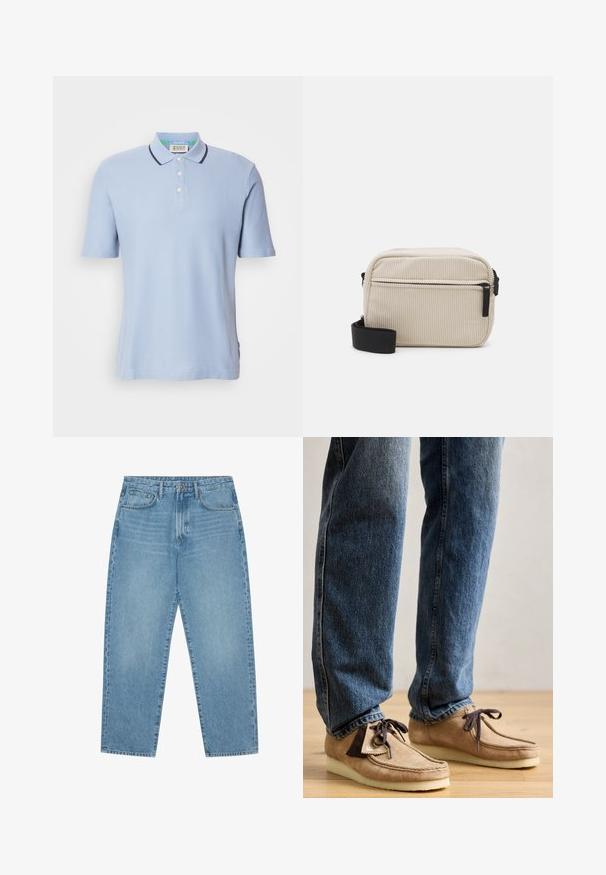 Lichtblauw polo shirt van ribstof, voorzien van een twee-knops sluiting, korte mouwen en marineblauwe afwerking op de kraag.; Lichtblauwe denim wijde jeans met een hoge taille, voorzien van vijf zakken, riemlusjes en een zachte, licht vervaagde textuur.; Suède mocassins in tan met een donkerbruin accent, ronde neus en een zachte witte zool. Beschikt over een vetersluiting en gestikte details.; Crème-kleurige corduroy schoudertas met een zwarte rits, afneembare schouderband en een gestructureerd patroon. Bevat één hoofdcompartiment en een voorvak.