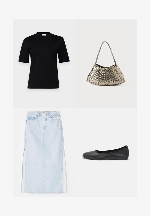 T-shirt nera a maniche corte realizzata in materiale morbido con scollo rotondo e taglio dritto; presenta un design minimalista senza motivi visibili.; Gonna maxi in denim azzurro chiaro con taglio dritto, dotata di spacchi laterali e design a cinque tasche. Cuciture in evidenza e chiusura con bottone in metallo.; Pantofole da balletto nere in pelle con punta arrotondata, texture liscia, dettagli di cucitura minimi e design con suola flessibile.; Borsa in tessuto metallico intrecciato con forma triangolare, dotata di una tracolla intrecciata e un interno rivestito in velluto. Colore: argento. Texture: liscia e simile a un tessuto.