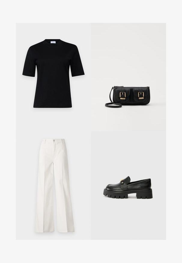 Must mustrindiga lühikeste varrukatega must T-särk, mis on valmistatud pehmest materjalist, ümarate kaelustega ja sirge lõikega; esindab minimalistikku disaini, ilma nähtavate mustriteta.; Valged laiade jalgadega püksid, mis on valmistatud siledast puuvillast. Omab esitallist ning lukuga sulgemist ja nelja tasku disaini.; Mustast nahkfrontaalid, millel on paks tald, esiosas kullatooni aksent ja sile viimistlus. Talse paksu mustriga disain.; Must küllastamata nahast õlakott, millel on kaks esist nähtavat taskut, kuldsed pandlad, tõmblukuga sulgemine ja peen rihm. Tekstuuriga pind ja kompaktne ristkülikukujuline kuju.