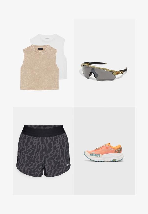 Two sleeveless crop tops: one soft beige with a textured surface and one smooth white. Both feature a round neckline and stitched hems.; Black and gray leopard print shorts with a wide elastic waistband, featuring a subtle sheen and a small white Nike logo on the lower right.; Orange and pink running shoe with mesh upper, white midsole, Vibram outsole, and light blue accents. Features HOKA branding on the side.; Sport sunglasses with a green patterned frame, black arms, and gray lenses. The design features a wraparound style with a bold, sporty shape.