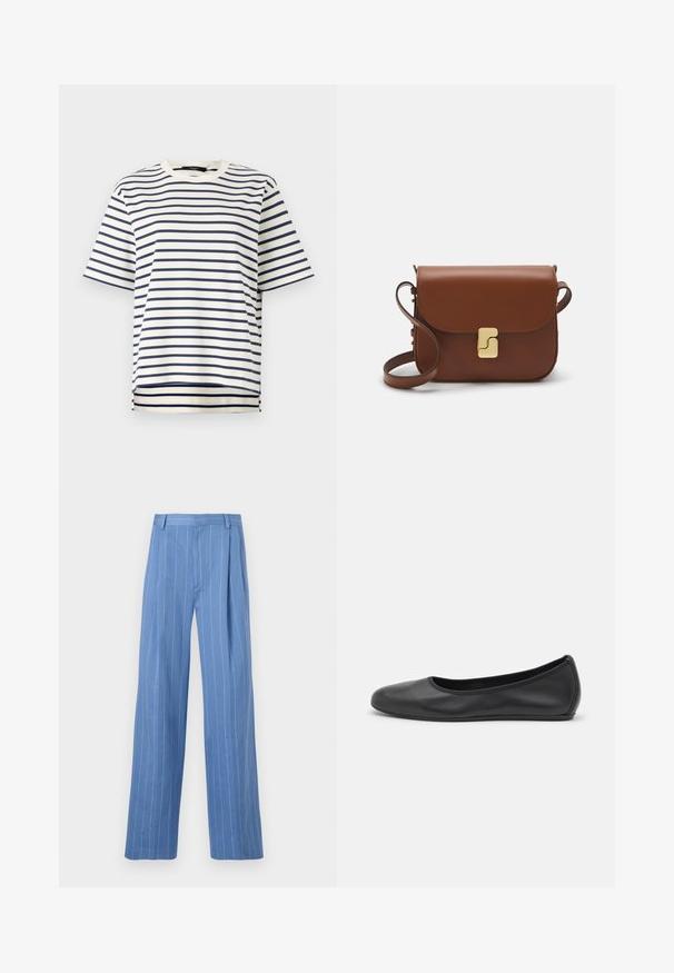 Striped t-shirt featuring navy blue horizontal stripes on a cream background, short sleeves, and a rounded neckline with a straight hem.; Light blue wide-leg trousers with vertical white stripes. Made of smooth material, featuring a front pleat and a clean waistband design.; Black leather ballet flat with a rounded toe, smooth texture, minimal stitching detail, and a flexible sole design.; Brown leather handbag with a flap closure, gold-tone hardware, a shoulder strap, and a smooth texture. Compact rectangular shape.
