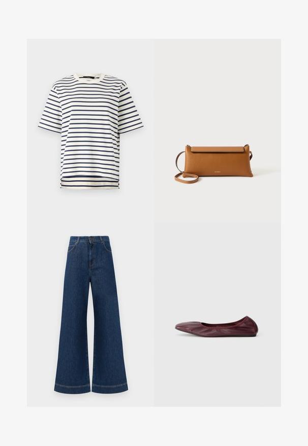 Striped t-shirt featuring navy blue horizontal stripes on a cream background, short sleeves, and a rounded neckline with a straight hem.; Wide-leg blue denim jeans with a high waist, featuring a button closure, belt loops, and subtle stitching details along the pockets and hems.; Ballet flat in deep burgundy leather, featuring a rounded toe, elasticized rim, and smooth texture with subtle pleating detail.; Brown leather clutch bag, rectangular shape, textured surface, detachable strap, zip closure, subtle logo embossed on front.