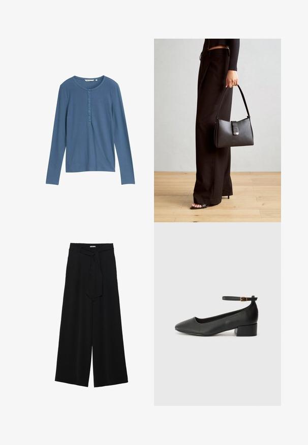 Modra majica z dolgimi rokavi iz rebraste tkanine z okroglim izrezom in šestimi gumba, ki se spuščajo po sprednji strani. Gladka tekstura, prilegajoč dizajn.; Črne široke hlače iz teksturirane tkanine, z elastičnim pasom in odstranljivim trakom na pasu za prilagodljivo prileganje.; Črne usnjene pumpice z nazobčanimi prsti in nizko blokasto peto. Imajo trak okoli gležnja z zaponko v zlatem tonu. Gladka tekstura.; Črna torbica z strukturirano obliko, gladko teksturo in kovinskim zaponko. Ujemajo se z širokimi črnimi hlačami in odprtimi sandali na lesenem tleh.