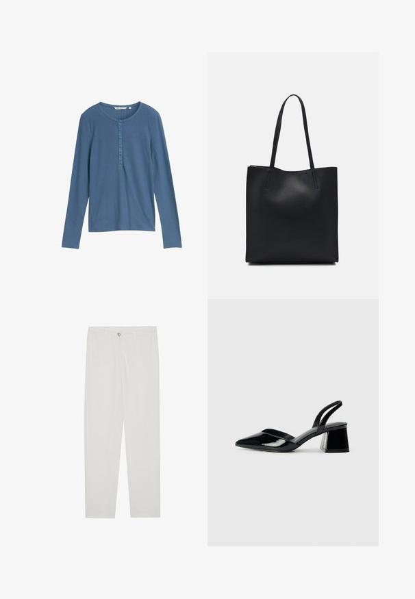 Bluză cu mânecă lungă de culoare albastră, din material ribbed, cu decolteu rotund și un rând de șase nasturi pe față. Textură fină, design ajustat.; Pantaloni albi, croiți, cu un design drept al piciorului, având sistem de închidere cu nasture, bucle pentru curea și buzunare laterale; textură de țesătură netedă.; Pantofi cu toc slingback din piele lacuită neagră, cu vârf ascuțit și toc geometric. Prezintă un design elegant, minimalist și o textură netedă.; Geantă tote neagră din piele, cu textură netedă, formă rectangulară și două mânere lungi. Fără hardware vizibil sau ornamente.