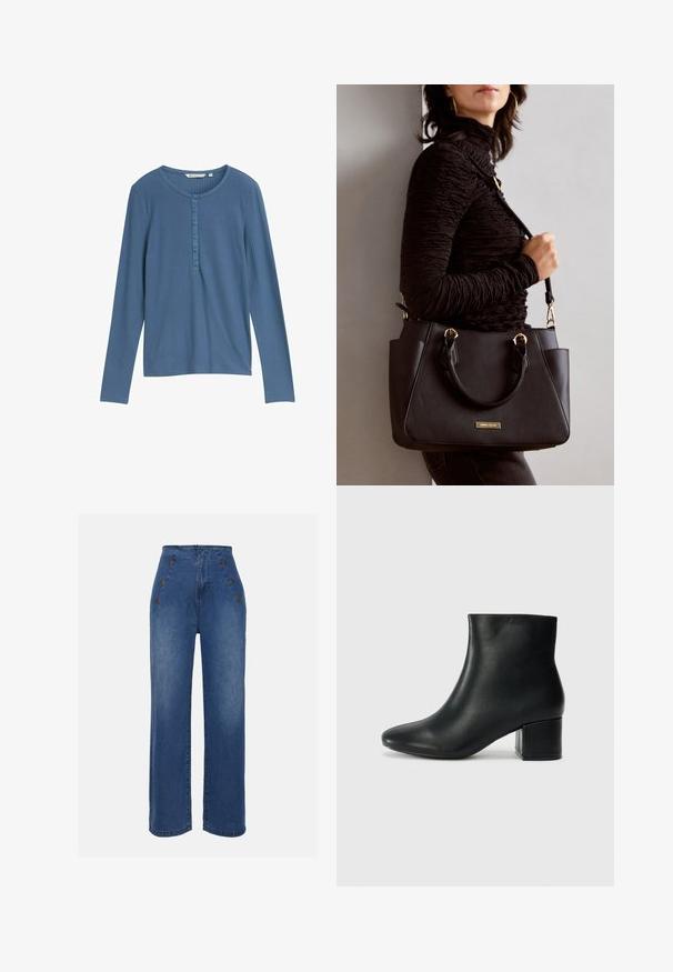 Bluză cu mânecă lungă de culoare albastră, din material ribbed, cu decolteu rotund și un rând de șase nasturi pe față. Textură fină, design ajustat.; Jeans din denim cu talie înaltă, de culoare albastru mediu. Prezintă accente cu buton în față și un design cu picioare late. Materialul are o textură netedă, cu o ușoară decolorare.; Cizme negre din piele până la gleznă, cu vârf ascuțit și toc robust. Textură netedă, cu accente minime și un design elegant, ajustat.; Geantă de umăr neagră cu suprafață texturată, cu două mânere superioare și curea de umăr ajustabilă. Dispune de accesorii metalice de culoare aurie și buzunare laterale.