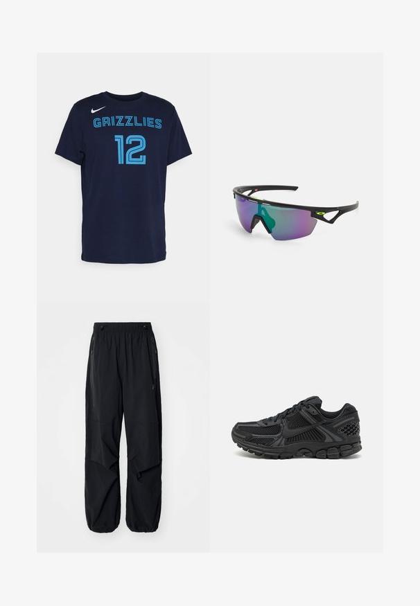Navy blue cotton T-shirt with short sleeves, featuring "GRIZZLIES" and the number "12" in light blue lettering. Nike logo on front left shoulder.; Black lightweight cargo pants with an elastic waistband, side zippers, and spacious pockets. Features a loose fit and tapered cuffs.; Black athletic shoe featuring mesh upper, rubber sole, and textured accents. Design includes pronounced lacing system and cushioned sole.; Sport sunglasses with a black frame, large gradient lens featuring purple and green hues, and angular design accents with logo detail.