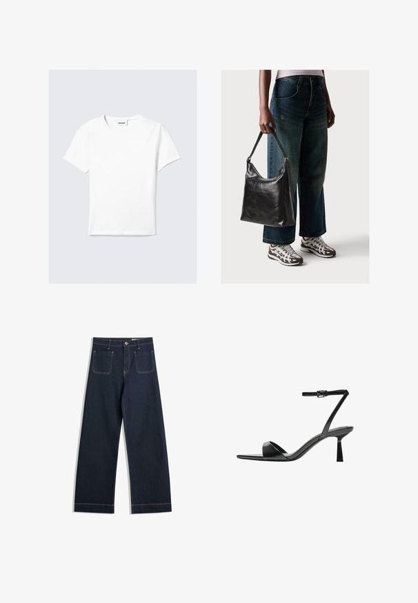 White short-sleeve t-shirt made of cotton, featuring a round neck and a straight hem. Minimalist design with no visible patterns or accents.; Dark blue wide-leg jeans made of denim with contrasting tan stitching, two back pockets, and a button closure at the waist.; Bershka High heeled sandals - black; Black leather shoulder bag with a smooth texture and adjustable strap, paired with faded wide-leg jeans and athletic sneakers.