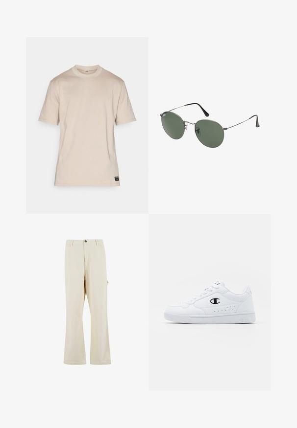 Bežinė medvilninė trumpomis rankovėmis marškinėliai su apvaliu kaklu ir maža juoda etikete apatinėje dalyje. Lygi tekstūra, įprastas pjūvis, minimalistinis dizainas.; Kreminės plačios kelnės, pagamintos iš medvilnės mišinio su mygtuko užtrauktuku. Turi šonines kišenes ir subtilią tekstūrą. Matoma siūlių detalizacija.; Baltos sportinės kedai su lygiu sintetinės medžiagos viršumi, juodu logotipo akcentu ir perforuotomis detalėmis šonuose. Gumos padas.; Metaliniai akiniai su ovaliais žaliais lęšiais. Plonas sidabro spalvos metalinis rėmas ir juodi ausų laikikliai. Minimalistinis dizainas, be matomų logotipų.