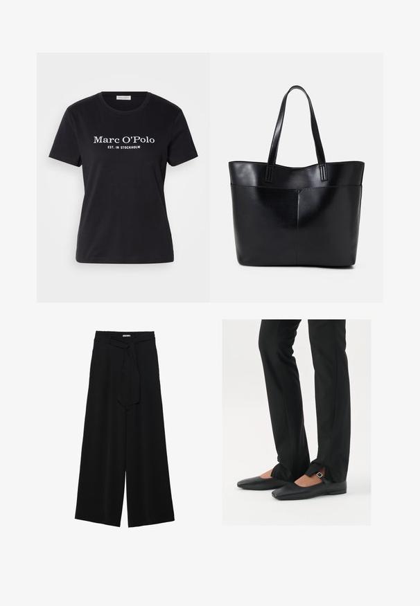 Black cotton T-shirt with short sleeves, featuring white text "Marc O'Polo EST. IN STOCKHOLM" printed on the front. Crew neck design.; Black wide-leg pants featuring a textured fabric, an elastic waistband, and a detachable sash tie at the waist for adjustable fit.; Black leather ballet flats with a pointed toe, strap with silver buckle, paired with black tailored pants featuring a slit hem.; Black leather tote bag with two long handles, a smooth texture, and a structured shape. Features a front pocket for additional storage.