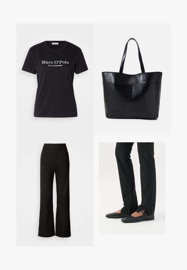 Must verte T-särk lühikeste varrukatega, mille ees on valge tekst "Marc O'Polo EST. IN STOCKHOLM". Ümar kaelus.; Mustad laiad püksid sujuva tekstuuriga, kõrge vöökoht ja puhas disain. Ei ole nähtavaid taskuid ega dekoreerimist.; Mustadast mustast nahast balletkingad terava ninaga, millel on rihm hõbedase klambriga, kokku sobitatud mustade ülikondpükstega, millel on lõhiku serv.; Must mustaga musta nahast, millel on kaks pikka kanda, sile tekstuur ja struktureeritud kuju. Esipoolsel on lisakoti jaoks tasku.; Hõbedased rõngaskõrvarõngad, millel on sile, läikiv viimistlus. Ümmargune kuju ja turvaline klõpsulatus. Kerge disain, sobib igapäevaseks kandmiseks.