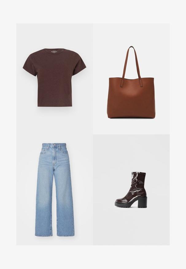 T-shirt corto marrone a maniche corte realizzato in tessuto morbido. Caratterizzato da un collo rotondo e una vestibilità rilassata con taglio dritto all'orlo.; Jeans a vita alta blu chiaro con gamba larga, chiusura frontale con bottone e zip, tasche anteriori e posteriori, su uno sfondo bianco.; Stivale alla caviglia bordeaux lucido con un tacco spesso nero, caratterizzato da una superficie liscia e un design semplice. Nessuna chiusura visibile o motivo.; Borsa tote in pelle marrone con texture liscia, design con apertura superiore e due spallacci. Presenta cuciture minime e nessun hardware visibile.