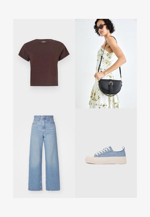 Tricou scurt, maro, cu mânecă scurtă, confecționat dintr-un material moale. Are un decolteu rotund și o croială lejeră, cu tăietură dreaptă la tiv.; Jeans cu talie înaltă, de culoare albastru deschis, cu croială largă, dotate cu nasture și fermoar la față, buzunare în față și spate, pe un fundal alb.; Sneakers din pânză de culoare albastru deschis, cu vârf și talon din cauciuc crem, având șireturi albe și un maner pe călcâi.; Geantă din piele neagră, cu o formă curbată, curea detașabilă și accesorii aurii. Geanta are un capac cu un detaliu tip cataramă.