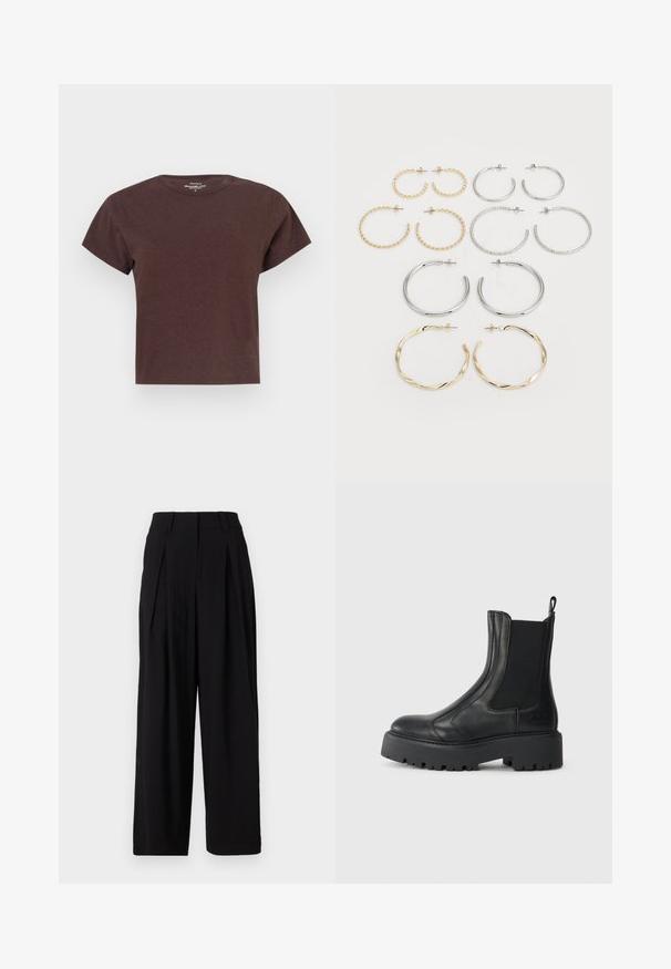 Bruine T-shirt met korte mouwen, gemaakt van zachte stof. Heeft een ronde halslijn en een ontspannen pasvorm met een rechte snit aan de zoom.; Zwarte wijde broeken van gladde stof, met een hoge tailleband, plooien aan de voorkant en een vloeiende silhouet.; Zwarte leren enkelboot met elastische zijpanelen, een ronde neus en een chunky, getextureerde rubberen zool. Voorzien van een treklabel aan de achterkant.; Set van twaalf creolen in zilver- en goudernormen. Bevat gedraaide, gladde en textuurontwerpen in verschillende maten en afwerkingen.