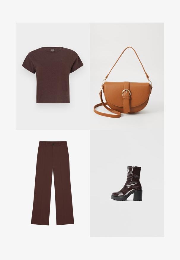 Brown short-sleeve T-shirt made of soft fabric. Features a round neckline and a relaxed fit with straight cut at the hem.; Wide-leg trousers in a rich brown fabric. Features a button closure, two front pockets, smooth texture, and clean lines.; Glossy burgundy ankle boot with a chunky black heel, featuring a smooth texture and simple design. No visible fastenings or patterns.; Brown leather crossbody bag with a curved shape, gold hardware, and a buckle accent. Features a detachable shoulder strap.