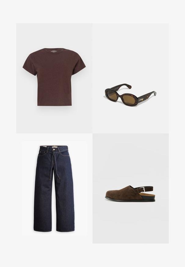 Braunes Kurzarm-T-Shirt aus weichem Material. Verfügt über einen runden Halsausschnitt und einen lockeren Schnitt mit geradem Saum.; Weite, dunkelblaue Jeans aus Denim mit hoher Taille, ausgestattet mit einem Kordelzug, fünf Taschen und kontrastierenden Nähdetails.; Braune Wildleder-Ballenrutscher mit niedrigem Absatz, verstellbarem Riemen mit silberner Schnalle und schwarzer Gummisohle.; Schildpatt-Sonnenbrille mit ovalen Fassungen, braunen getönten Gläsern und "Chloé"-Markierung am Bügel. Glattes Kunststoffmaterial mit glänzender Oberfläche.; Geflochtene braune Ledertasche mit runder Form, doppeltem oberen Griff und glatter Textur; verfügt über subtile Nähte als Designdetail.