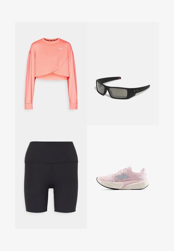 Koralo spalvos ilgomis rankovėmis apkarpytas marškinėliai, pagamintas iš lygaus audinio, su apvaliu kaklu ir asimetrišku dizainu apačioje. Balta logo kairiajame krūtinės šone.; Juodos sportinės šortai, pagaminti iš tamprios medžiagos, su aukštu juosmeniu, lygia tekstūra ir be matomų raštų ar detalių.; Šviesiai rožiniai bėgimo batai su tekstūruotu tinkleliu, pilkų akcentų, storu baltu viduriu ir lanksčiu juodu padu. Turi paminkštintą užkulnį ir liežuvėlį.; Juodi akiniai saulės su matinio paviršiaus užbaigimu, stačiakampiai lęšiai, švelnus lenkimas ant šventyklų, subtilus logotipo detalizavimas ir dūminiai lęšiai.