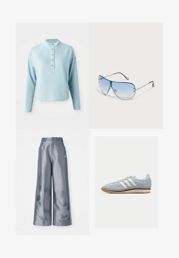 Svijetloplavi gornji dio s dugim rukavima, visokim ovratnikom, teksturiranom tkaninom i kopčanjem na dugmad. Sadržava raglan rukave i skraćeni rub.; Hlače širokih nogavica od sjajnog sivog materijala, s bijelim bočnim prugama i uzorkom plamena na donjem dijelu nogavica. Zatvaranje na gumb i patentni zatvarač u struku.; Svijetloplave suède tenisice s bijelim tri pruge, gumeni potplat i teksturirana mrežica. Imaju glatki vrh cipele i brendiranje na peti.; Naočale tipa avijatičar s gradijentnim plavim staklima, okvirom od srebrnog metala i dekorativnim zvjezdastim naglascima na staklima. Glatki i elegantni dizajn.