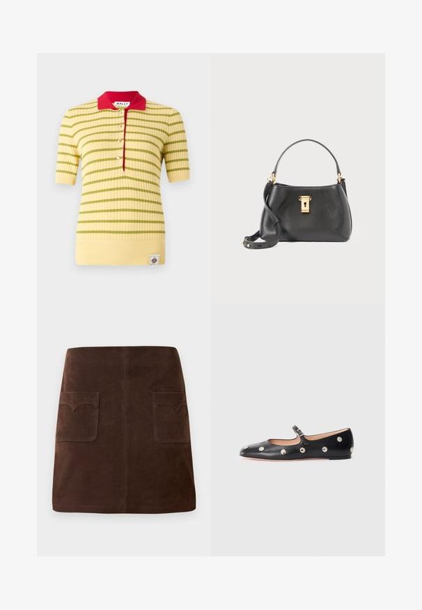 Gestreiftes kurzärmliges Poloshirt in Gelb und Grün, mit einem roten Kragen, vier goldenen Knöpfen und einem Logopatch am Saum.; Brauer Wildlederrock im klassischen A-Linien-Schnitt, mit zwei vorderen Taschen mit abgerundeten Klappen und dezenten Nähten.; Schwarze Leder-Mary-Jane-Ballenflats mit runder Zehenform, ausgestattet mit silbernen runden Nieten und einem verstellbaren Riemen mit Schnalle.; Schwarze Lederhandtasche mit strukturiertem Finish, mit einem goldenen Schlossverschluss, kurzen Tragriemen und einem abnehmbaren Schulterriemen.