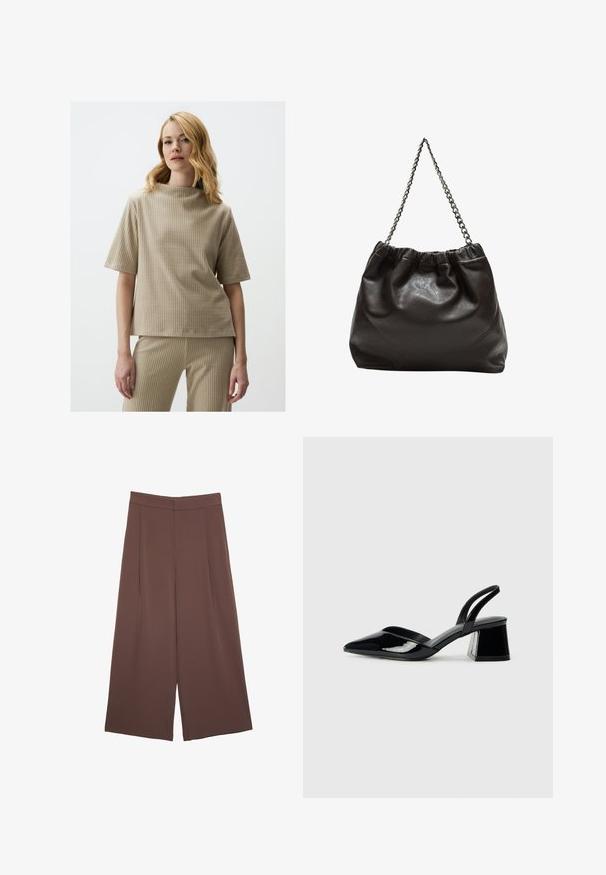 Beige gerippter Oberteil mit hohem Kragen und kurzen Ärmeln. Weicher Stoff, lockere Passform, minimalistisches Design. Kombiniert mit gerippten Hosen.; Braune Weite-Leg-Hosen mit einer glatten Textur, hoher Taille und Vorderfalten. Der Stoff ist leicht und fällt locker.; Schwarze Lackleder-Slingback-High Heels mit spitzem Schuh und einem geometrischen Blockabsatz. Verfügt über ein schlankes, minimalistisches Design und eine glatte Textur.; Braune Lederhandtasche mit gerafftem Oberteil und Kettenriemen. Glatte Textur mit glänzendem Finish und subtilen Nahtdetails an den Seiten.