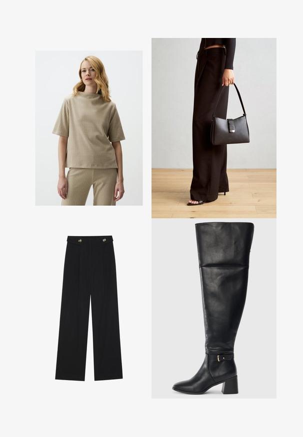 Beige geribbelde top met een hoge hals en korte mouwen. Zachte textuur, ontspannen pasvorm, minimalistisch ontwerp. Gecombineerd met geribbelde broek.; Zwarte wijde broek met hoge taille, knoopdetails op de tailleband en plooien aan de voorkant.; Zwarte leren kniehoogte laars met blokhak en decoratieve band met gouden gesp boven de enkel, zijaanzicht op witte achtergrond.; Zwarte handtas met gestructureerde vorm, gladde textuur en een metalen sluiting. Gecombineerd met brede zwarte broeken en sandalen met open teen op een houten vloer.