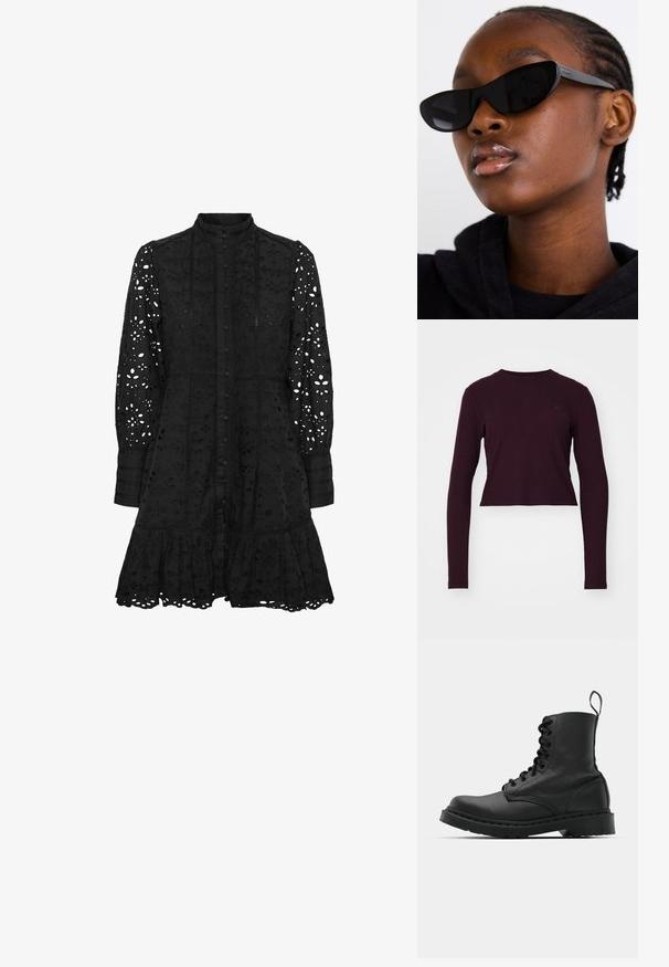 Burgundy long-sleeve cropped top with ribbed texture, crew neckline, and subtle brand logo on the chest. Soft fabric and fitted design.; Black embroidered dress with a high collar, button front, long sleeves, and a ruffled hem. Features cut-out floral and geometric patterns.; Black leather combat boot with a round toe, lace-up front, and a pull tab at the ankle. Features a thick rubber sole for durability.; Black cat-eye sunglasses with a matte finish, featuring a sleek design and gently curved edges, set against a model's dark clothing.; Silver hoop earrings with a smooth, polished finish. Round shape and secure click-top closure. Lightweight design suitable for everyday wear.