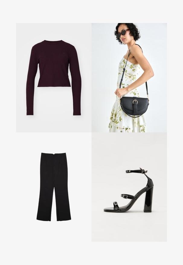 Burgunderfarbener Langarm-Crop-Top mit gerippter Textur, Rundhalsausschnitt und dezentem Logo auf der Brust. Weicher Stoff und figurschmeichelnde Passform.; Schwarze Hose mit geradem Schnitt, ausgestattet mit Fronttaschen und Seitenschlitzen am Saum. Hergestellt aus weichem, glattem Stoff. Geeignet für verschiedene Anlässe.; Schwarze patentierte Sandalen mit Absatz, quadratischer Spitze, Knöchelriemen und silbernen Schnallen. Mit einem stabilen Blockabsatz für mehr Stabilität.; Schwarze Lederhandtasche mit geschwungener Form, abnehmbarem Tragegurt und goldenen Beschlägen. Die Tasche verfügt über einen Deckel mit einer Schnallen-Details.
