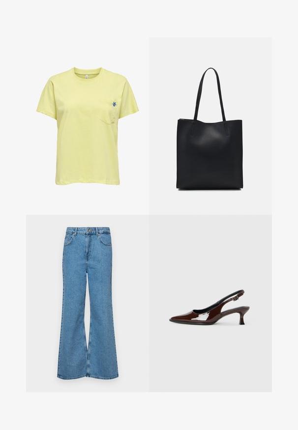 Rumena bombažna majica s kratkimi rokavi, okroglo ovratnikom in enim žepom na prsih, ki ima modro vezenje cveta.; Svetlo modri razširjeni džins hlače iz denima, z visokim pasom, petimi žepi in enim gumbom za zapiranje. Mehka tekstura z blagim zbledelim videzom.; Rjavi lakirani slingback čevelj z ostro konico in zmerno peto. Ima zaponko za varno prileganje. Gladka tekstura.; Črna usnjena torba s svilnato teksturo, pravokotne oblike in dvema dolgima ročajema. Brez vidnih metalnih delov ali okrasnih elementov.