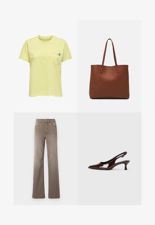 Kollane puuvillane t-särk lühikeste varrukatega, ümmarguse kaelaaugu ja ühe rinnataskuga, millel on sinine lilleline tikand.; Pruunid kõrge vöökohtadega sirged teksad, millel on ees nupp, vöölõngad ja klassikaline viie tasku disain valgel taustal.; Pruun patentnahast slingback tossud terava nina ja mõõduka kandega. Omab pandla rihma kindla istuvuse tagamiseks. Sile tekstuur.; Pruun nahast tote-kott, millel on sile tekstuur, avatud ülaosa disain ja kaks õlarihma. Omab minimaalset õmblust ja nähtavat riistvara ei ole.