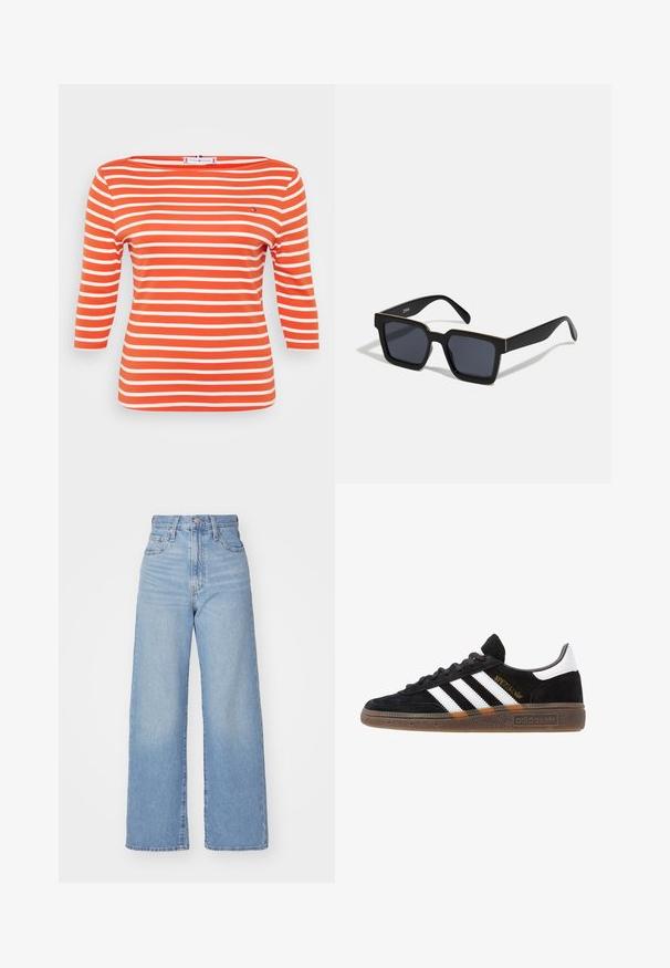Gestreiftes Oberteil mit Dreiviertelärmeln, aus weichem orangefarbenem Baumwollstoff, mit breiten weißen Streifen, einem Bootsausschnitt und einem kleinen Logo-Akzent.; Hellblaue High-Waist-Weite-Leg-Jeans mit Knopf- und Reißverschluss vorne, Vorder- und Rückentaschen, auf weißem Hintergrund.; Schwarzer Adidas Sneaker mit weißen Streifen, goldenem "Spezial"-Text, Gummisohle und weißem Fersenbereich, seitliche Ansicht.; Schwarze rechteckige Sonnenbrillen mit dunklen Gläsern, die ein schlankes Design und goldene Akzente entlang des Rahmens aufweisen. Texturierte Bügel für besseren Halt.