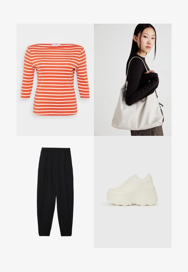 Tricou cu dungi, cu mâneci trei sferturi, din bumbac moale portocalie, cu dungi albe late, decolteu în formă de barcă și un mic logo decorativ.; Pantaloni negri, ușori, cu un brâu elastic și tivuri strânse. Materialul este neted și are un design relaxat, conic.; Adidași platformă albi, cu un superior neted asemănător cu pielea, formă rotunjită, guler căptușit și talpă din cauciuc texturată cu borduri bine definite.; Geantă bej din material moale, cu un design lejer, detalii cusute și două bretele pentru umăr. Potrivită pentru utilizarea zilnică.