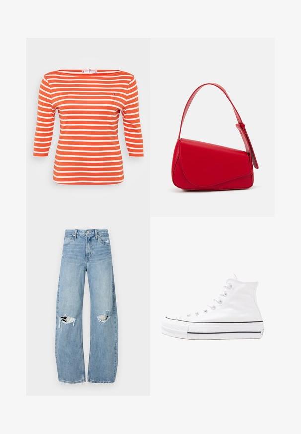 Tricou cu dungi, cu mâneci trei sferturi, din bumbac moale portocalie, cu dungi albe late, decolteu în formă de barcă și un mic logo decorativ.; Jeans de denim, de un bleu deschis, cu talie înaltă. Au picioare late, două zone rupte la genunchi și un stil clasic cu cinci buzunare.; Adidași albi tip pantofi sport cu glezna din pânză, cu talpă din cauciuc negru, capac de vârf din cauciuc frontal și șase ochiuri pentru șireturi, având un design curat și minimalist.; Geantă de mână din piele roșie, cu un design unghiular și geometric. Dispune de o singură curea ajustabilă și un sistem de închidere cu clapetă, cu detalii cusute.