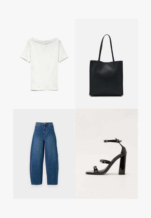 Balts īsām piedurknēm T-krekls ar plašu kaklu un brīvu piegriezumu. Izgatavots no mīksta kokvilnas auduma, ar gludu tekstūru un vienkāršu dizainu.; Denim bikses vidējā zilā krāsā ar augstu jostasvietu, platām kājām un standarta piecu kabatu dizainu ar redzamām šuvju detaļām.; Melnas lakotas augstpapēžu čības ar kvadrāta purngalu, potīšu siksniņām un sudraba sprādzēm. Aprīkotas ar masīvu bloku papēdi stabilitātei.; Melnas ādas somiņa ar gludu tekstūru, taisnstūra formu un divām garām rokturiem. Nav redzamu aparatūras vai rotājumu.