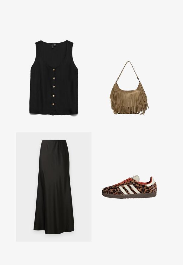 Črna brezrokavna bluzica z globokim V-izrezom, opremljena z zlatimi gumbi spredaj in gladkim, lahkim materialom.; Črna satenska maxi krila z gladko teksturo, visokim pasom in razširjenim dnom. Ima preprost dizajn brez vidnih vzorcev ali kovinskih delov.; Teniske z leopardjim vzorom iz semiša, rdečimi vezalkami in tremi belimi črtami ob strani. Imajo kremasto barvo jezička in rjavo podplat.; Rjava zamskasta torbica z dolgimi resicami, ukrivljenim oblikovanjem in enim naramnim trakom. Ima gladko, teksturirano površino.