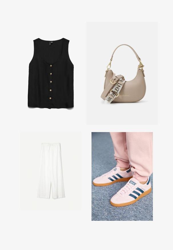 Bluză neagră fără mâneci, cu decolteu adânc în formă de V, având nasturi aurii pe față și un material neted, ușor.; Pantaloni albi cu picioare largi și curea de ajustare la talie, prezentați pe un fundal simplu, subliniind stilul lor relaxat și textura materialului.; Sneakers din suede roz deschis cu dungi din piele albastru închis și o talpă gumară. Caracteristicile includ șireturi plate și branding pe lateral și pe limbă.; Geantă de mână din piele bej, cu un design curbat, având un logo auriu și o curea ajustabilă cu numele brandului repetat.