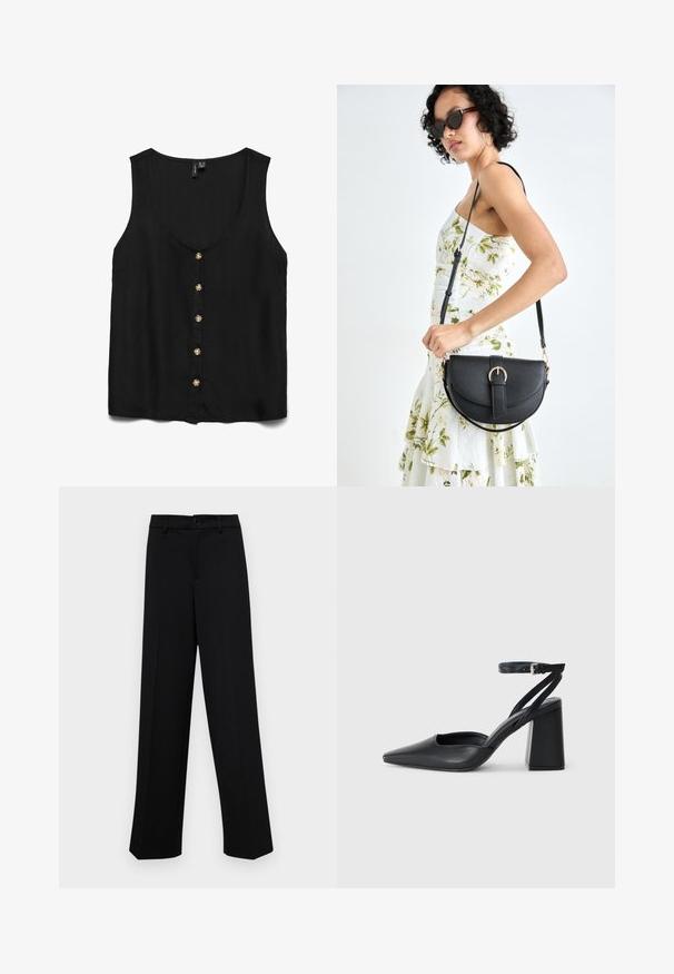 Bluză neagră fără mâneci, cu decolteu adânc în formă de V, având nasturi aurii pe față și un material neted, ușor.; Pantaloni negri cu croi larg, dintr-un material neted, având un talie clasică cu închidere prin buton și plisuri frontale.; Pantofii cu toc ascuțit din piele neagră, cu breteaua pentru glezne și toc gros. Textură netedă, design elegant și estetică minimală.; Geantă din piele neagră, cu o formă curbată, curea detașabilă și accesorii aurii. Geanta are un capac cu un detaliu tip cataramă.