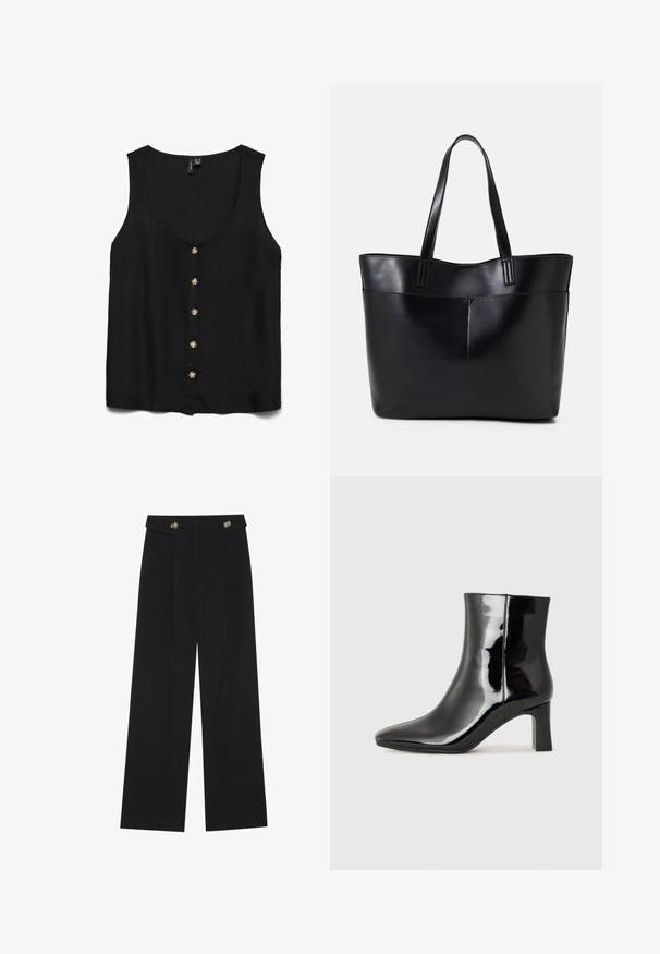 Musthave musta ilma varrukatega pluus sügava V-kaelusega, mille ees on kuldsed nööbid ja sile, kerge kangas.; Mustad laiad püksid kõrge vöökoha ja nööpdetailidega vööandil, esikortsudega.; Must-sinine nahkjalats musta läikiva viimistlusega, millel on terav nina ja keskmise kõrgusega plokk konts. Sile tekstuur ja minimalistik disain.; Must mustaga musta nahast, millel on kaks pikka kanda, sile tekstuur ja struktureeritud kuju. Esipoolsel on lisakoti jaoks tasku.