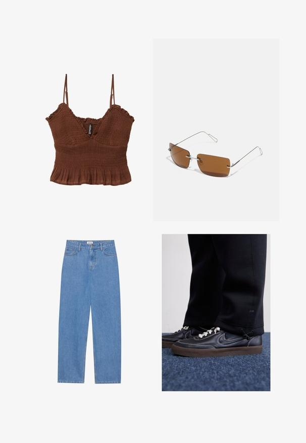 Hnedý crop top s tenkými ramienkami, s textúrovanou látkou, nariasenými detailmi a volánovým spodným lemom pre priliehavý siluetu.; Svetlomodré denimové nohavice s rovnými nohavicami, dizajnom s piatimi vreckami, zapínaním na jeden gombík a jemnými švovými detailmi.; Nike Sportswear KILLSHOT 2 LTR PRM OPP2 - Tenisky - black sail baroque brown mtlc dk grey; Hnedé obdĺžnikové slnečné okuliare s tenkými striebornými drôtenými rámami a nosovými oporami. Šošovky sú rovné a s jemným tónovaním.