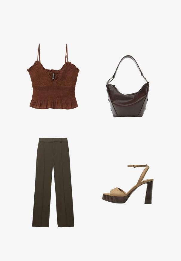 Hnedý crop top s tenkými ramienkami, s textúrovanou látkou, nariasenými detailmi a volánovým spodným lemom pre priliehavý siluetu.; Hnedé nohavice s širokými nohavicami a hladkou textúrou, so skladom vpredu, zipsom a pútkami na opasok. Vyrobené z ľahkej tkaniny.; Bežové semišové sandále na vysokom opätku s širokým predným pásom a pásikom okolo členka, ktoré majú masívny drevený blokový opätok s textúrovaným povrchom.; Tmavo hnedá kožená kabelka s zakriveným tvarom, so zipsom a krátkym uchom. Obsahuje kovové súčiastky a dekoratívne čierne gombíky na boku.