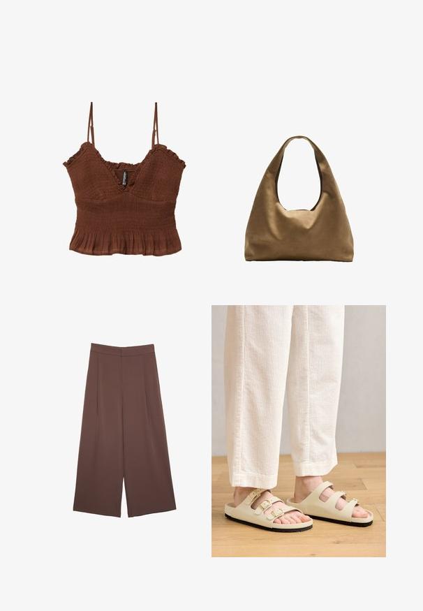 Ruskea lyhyt toppi ohutolkaimilla, jossa on teksturoitu kangas, rypytetty yksityiskohta ja röyhelöhelma, joka luo istuvan siluetin.; Ruskeat leveälahkeiset housut, joissa on sileä pinta, korkea vyötärö ja etupleat. Kangas on kevyttä ja laskeutuu väljänä.; Vaaleanbeige sandaalit, joissa on kolme säädettävää hihnaa metallisilla soljilla, pehmustettu pohja ja musta kumipohja.; Ruskea kangaskassi, jossa on leveä, pyöristetty muoto ja suuri leikattu kahva. Pehmeä pinta, minimalistinen muotoilu ja ei näkyvää metalliosaa.