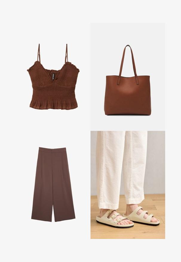 Top corto marrone con spalline sottili, caratterizzato da un tessuto texturizzato, dettagli arricciati e un orlo a volant per un silhouette aderente.; Pantaloni ampi marroni con una texture liscia, caratterizzati da una vita alta e pieghe frontali. Il tessuto è leggero e scorre liberamente.; Sandali beige chiari con tre cinturini regolabili con fibbie metalliche, una soletta imbottita e una suola in gomma nera.; Borsa tote in pelle marrone con texture liscia, design con apertura superiore e due spallacci. Presenta cuciture minime e nessun hardware visibile.