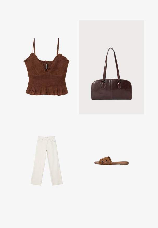 Top court brun avec de fines bretelles, présentant un tissu texturé, des détails froncés et un ourlet volanté pour une silhouette ajustée.; Jean blanc à jambe large en denim, avec une taille haute, des poches avant et une fermeture à bouton. Design épuré avec des accents minimalistes.; Sandale en cuir marron avec des brides croisées, semelle plate et texture lisse. Design simple sans embellissements ni motifs.; Sac à main en cuir marron avec deux longues anses, de forme rectangulaire structurée, texture lisse et bords arrondis. Présente des détails accentués au niveau des poignées.