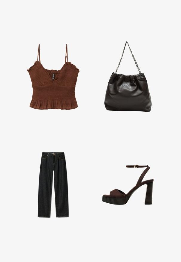 Bruine crop top met dunne bandjes, voorzien van textuurstof, geplooide details en een gerimpelde rand voor een getailleerde silhouet.; Donkerdenim jeans met een rechte snit, messing knoopsluiting en contrasterende gele stiksels. Beschikt over vijf zakken en een klassieke pasvorm.; Bruine suède high-heeled sandaal met een open teen, verstelbare enkelband en een gestreepte plateauzool.; Bruine leren tas met een geplooide bovenkant en een kettinghengsel. Glad textuur met een glanzende afwerking en subtiele naaddetails aan de zijkanten.