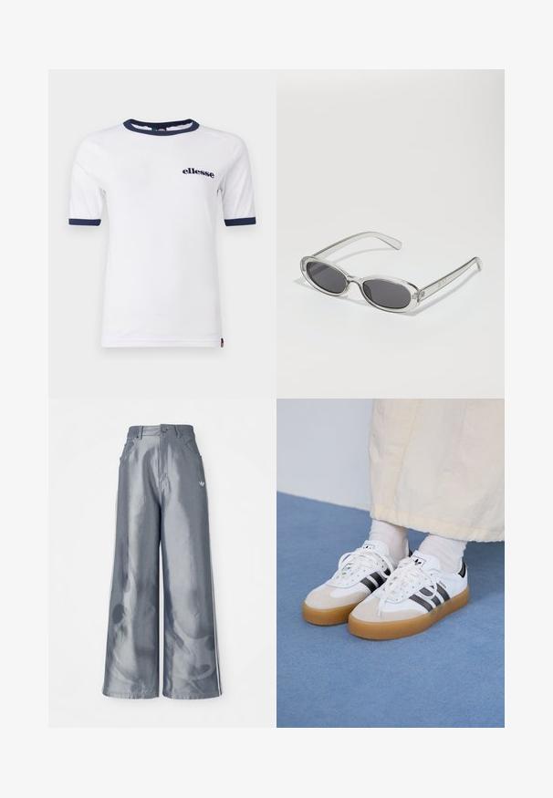 Biela tričko s okrúhlym výstrihom a krátkymi rukávmi. Obsahuje námornícky modrý lem na krku a rukávoch. Na prednej strane sa nachádza malé logo "ellesse".; Široké nohavice z lesklého šedého materiálu, s bielymi bočnými pruhmi a plamenným vzorom na dolnej časti nohavíc. Zapínanie na gombík a zips v páse.; Biele tenisky s čiernymi pruhmi a béžovými semišovými detailmi. Majú textúrovanú gumovú podrážku a ploché biele šnúrky, kombinované s svetlými ponožkami.; Slnečné okuliare oválneho tvaru, s priehľadným plastovým rámom, tmavošedými šošovkami a tenkými priehľadnými ramienkami s logovými akcentmi a minimálnym detailovaním.